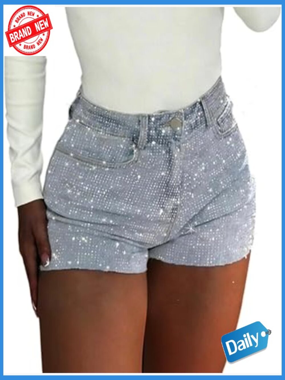 Rhinestone High Waisted Denim Shorts Sparkly Glitter Jean Shorts